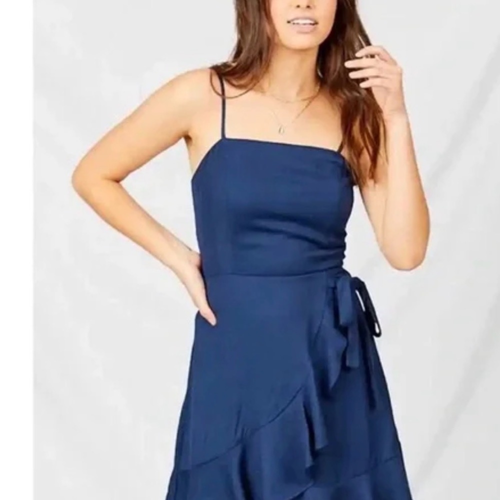Altar'd State Navy Blue Faux Wrap Ruffle Mini Dress Size S